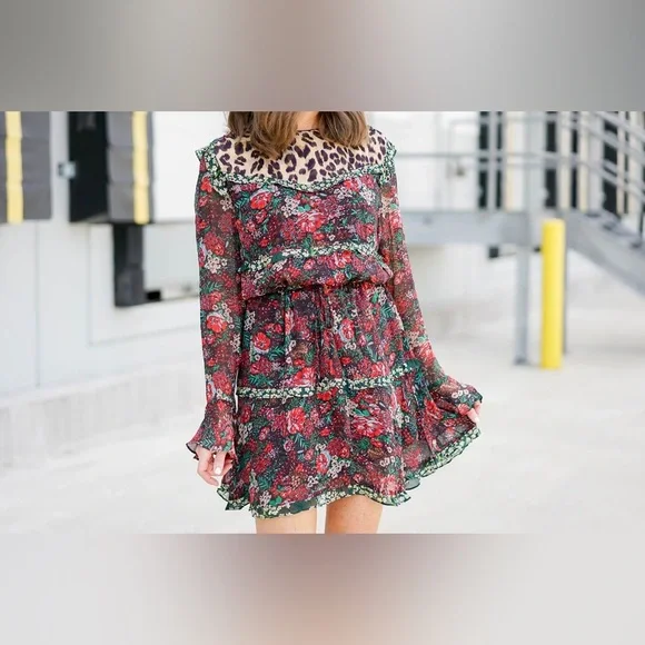 Anthropologie Scotch & Soda Leopard & Lillies Floral Long Sleeve Mini Dress Chic - Picture 7 of 16